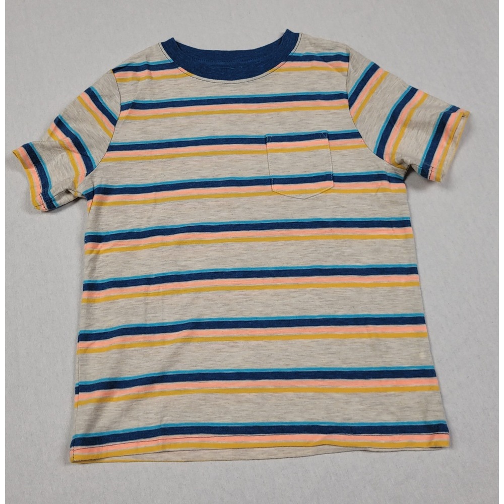 Arizona Jean Co Boys Size S (8) Striped Pocket Tee Gray Blue Yellow Short Sleeve